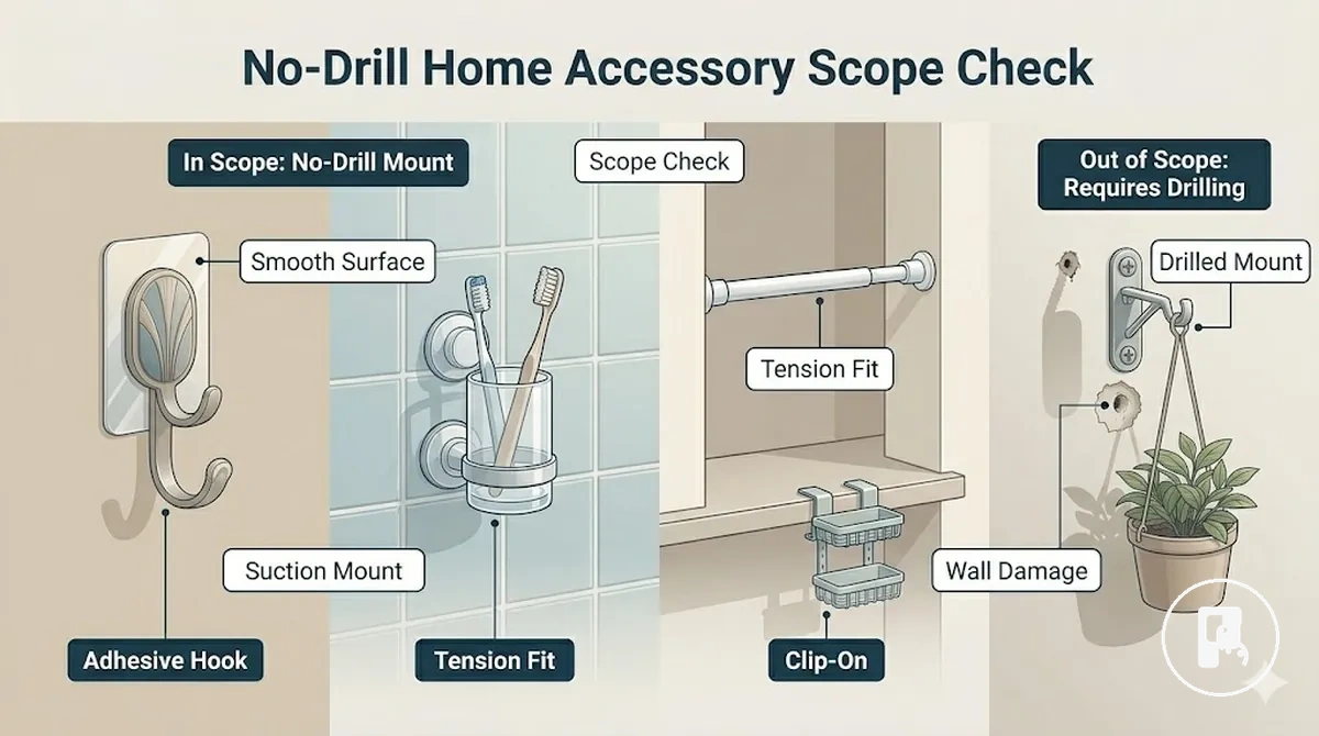 نطاق فحص الإكسسوارات المنزلية بدون حفر يوضح أمثلة على اللاصق والشفط والشد والمشابك على أسطح حائط مختلفة