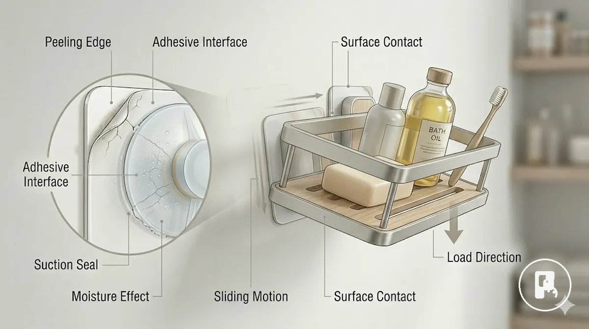 Diagramm der Ursachen für Montagefehler bei Accessoires ohne Bohren, einschließlich Oberflächenkontakt, Belastungsrichtung und Dichtungsverlust