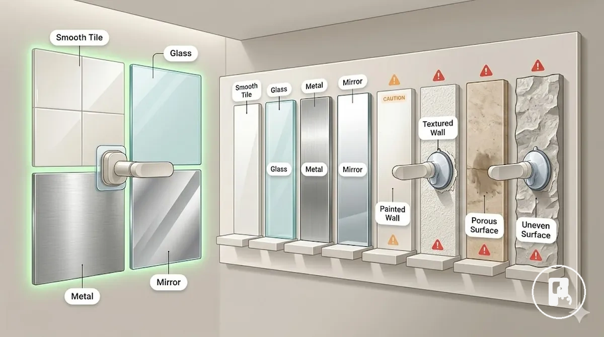 Oberflächengruppen für Accessoires ohne Bohren, darunter Fliesen, Glas, gestrichene Wand und strukturierte Wand