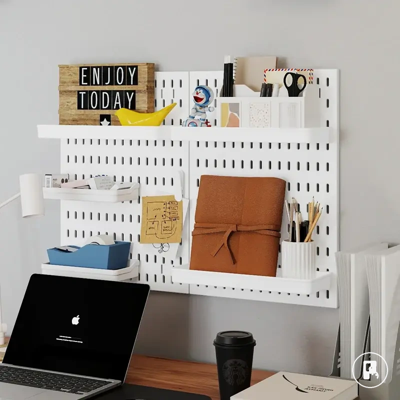 No-drill wall mounted pegboard storage rack with multiple accessories