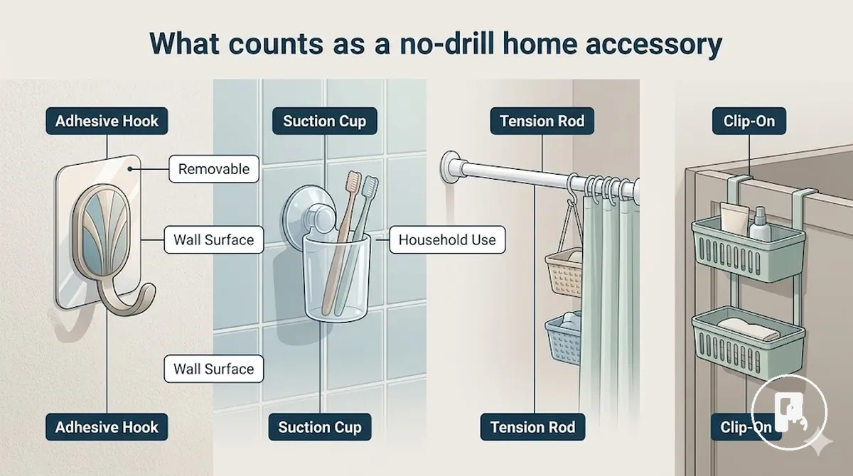 examples of no-drill home accessories showing adhesive suction and tension mounting styles