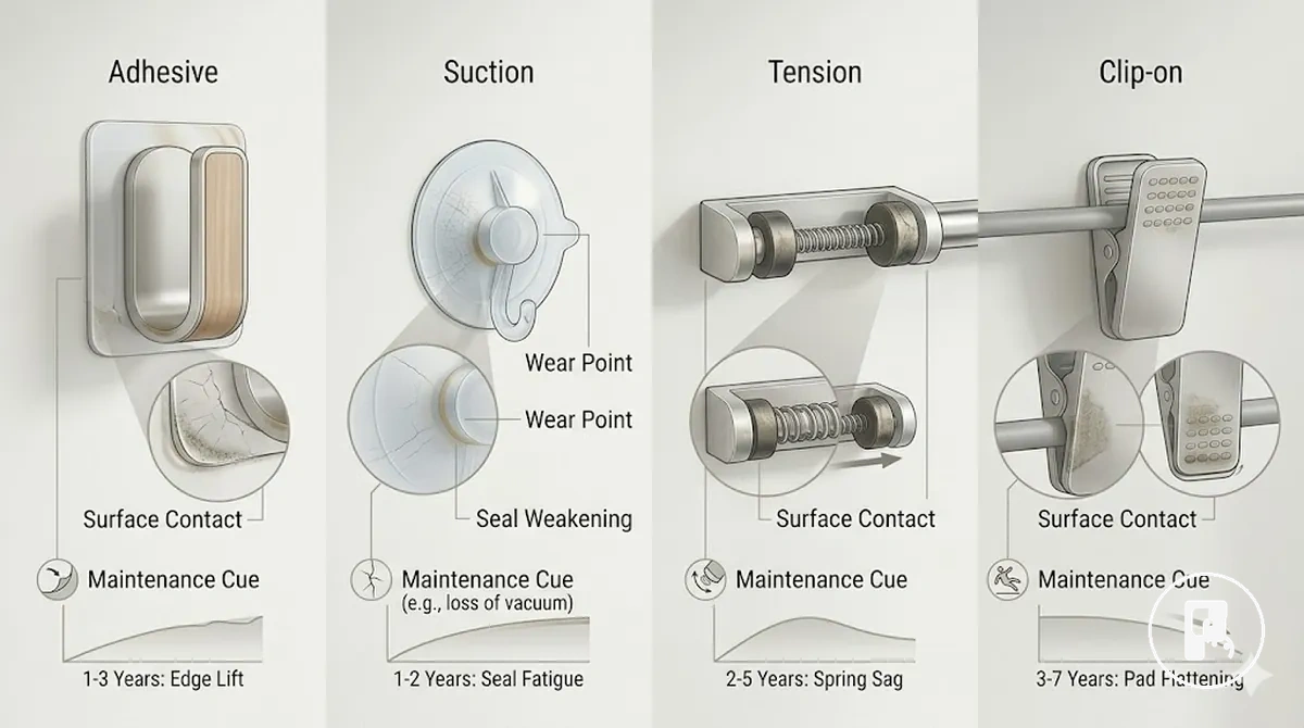 comparison graphic of no-drill mounting methods and their main wear points