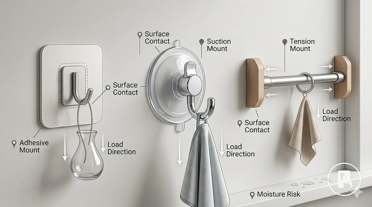 comparison of adhesive suction and tension no-drill mounts on suitable surfaces