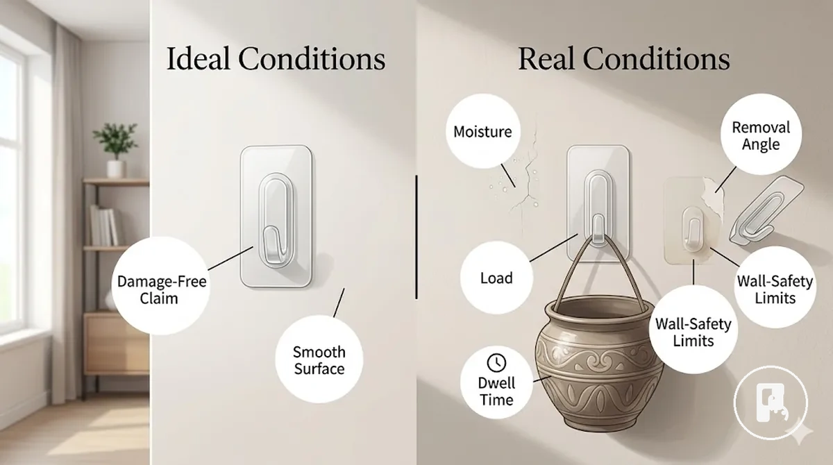 damage-free claims and wall safety limits illustration for adhesive mounting on wall surface