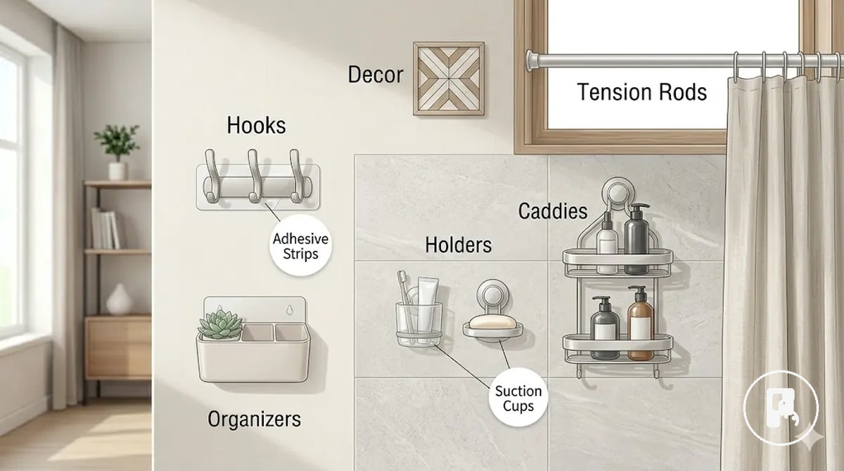 common no-drill accessory types including hooks holders and organizers