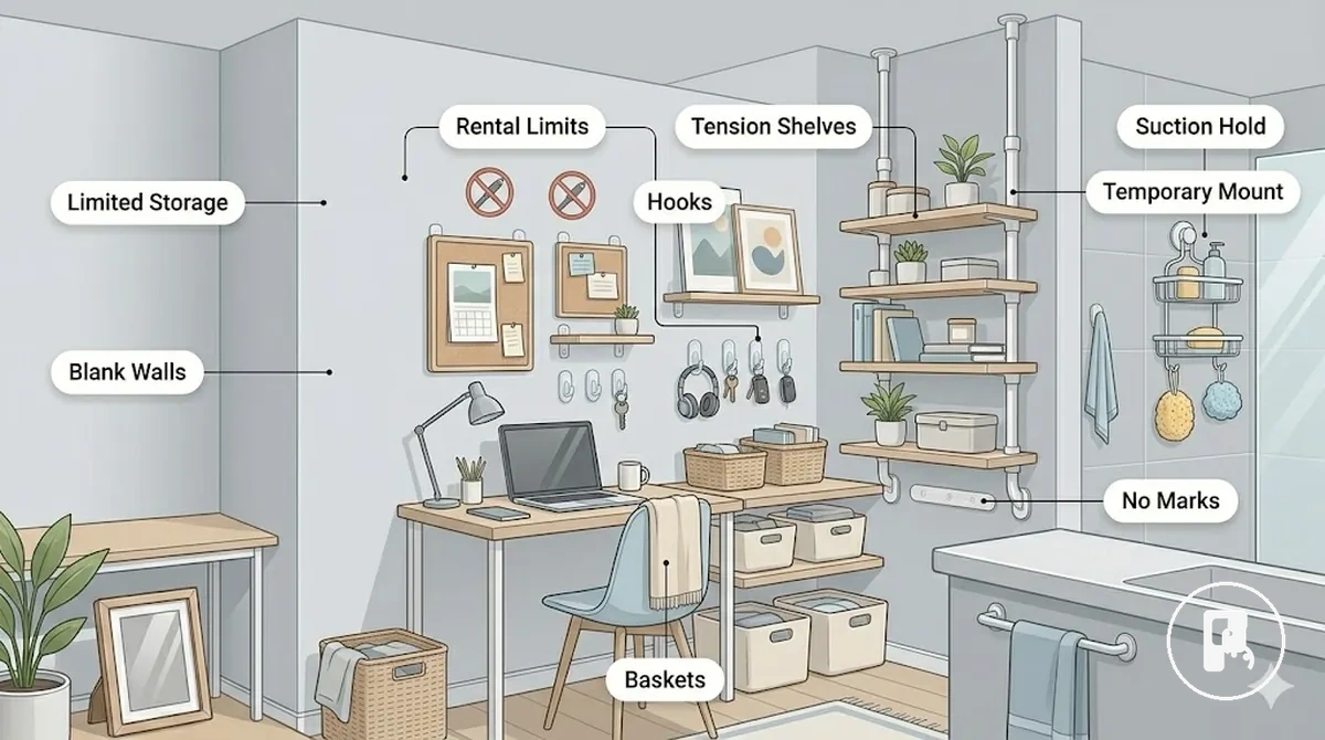 Accesorios sin taladro resolviendo problemas de almacenamiento temporal y organización de pared en una habitación de alquiler