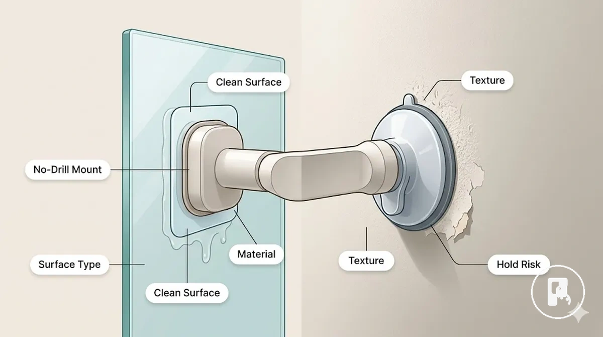 Diagramme montrant comment la compatibilité des accessoires sans perçage dépend du type de fixation et de l état de la surface