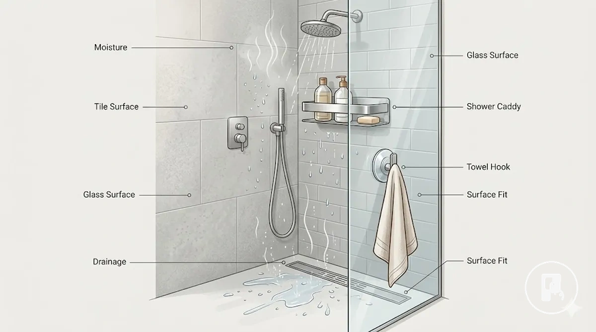 accessoire de salle de bain sans perçage sur carrelage montrant les facteurs de surface et de charge en zone humide